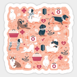 Veterinary medicine, happy and healthy friends // coral background red details navy blue white and brown cats dogs and other animals Sticker